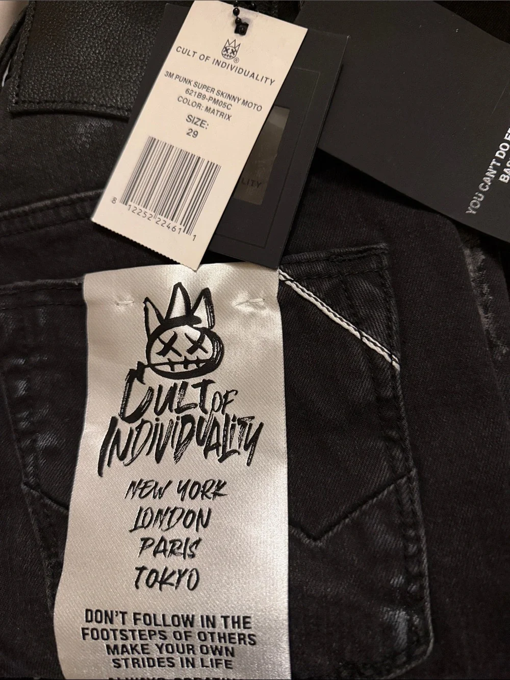 Cult Of Individuality 3M PUNK SUPER SKINNY MOTO IN MATRIX BLACK JEANS